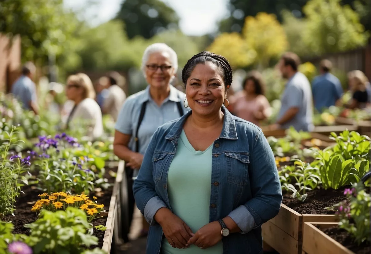 People of diverse backgrounds in a vibrant community garden, surrounded by accessible healthcare, education, and employment opportunities