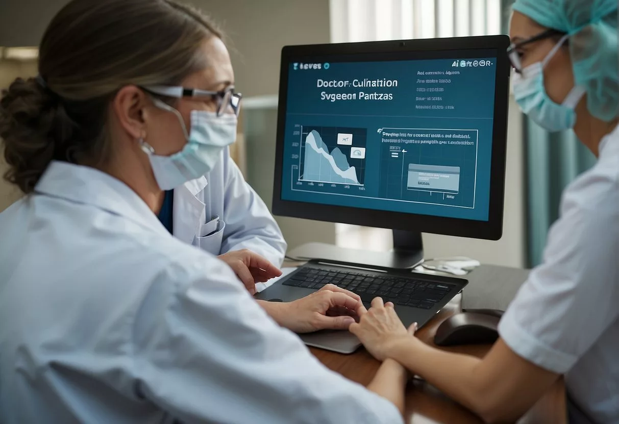 Doctors and patients connect virtually for medical consultations. Masks and hand sanitizers are prominent. A graph shows a decrease in in-person visits and an increase in telemedicine appointments