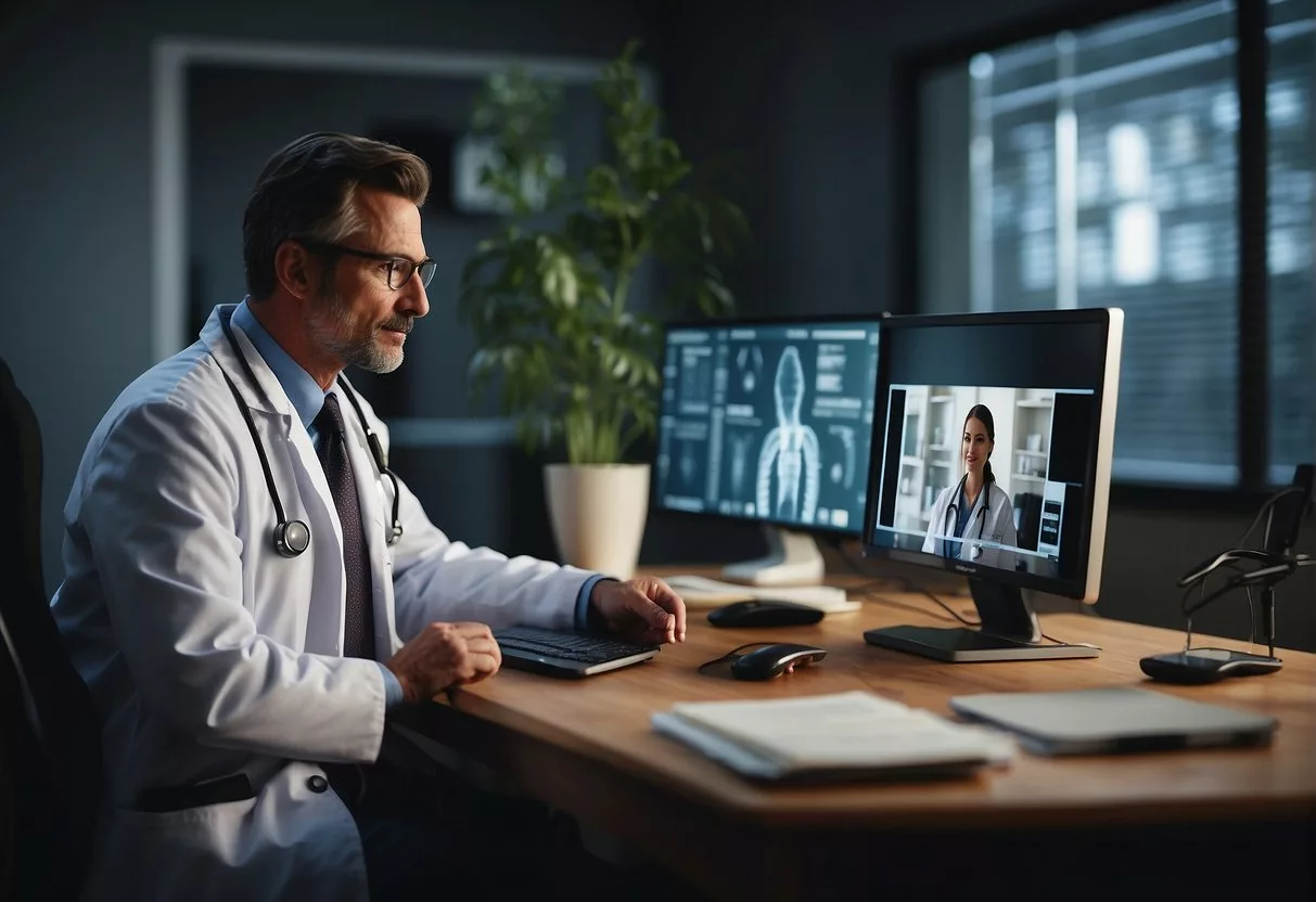 A doctor consults with a patient via video call, discussing legal and ethical considerations in telemedicine and preventive medicine