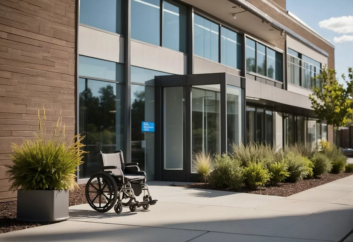 A modern, inviting telemedicine clinic with wheelchair ramp and clear signage. Patients are accessing preventive care via digital devices