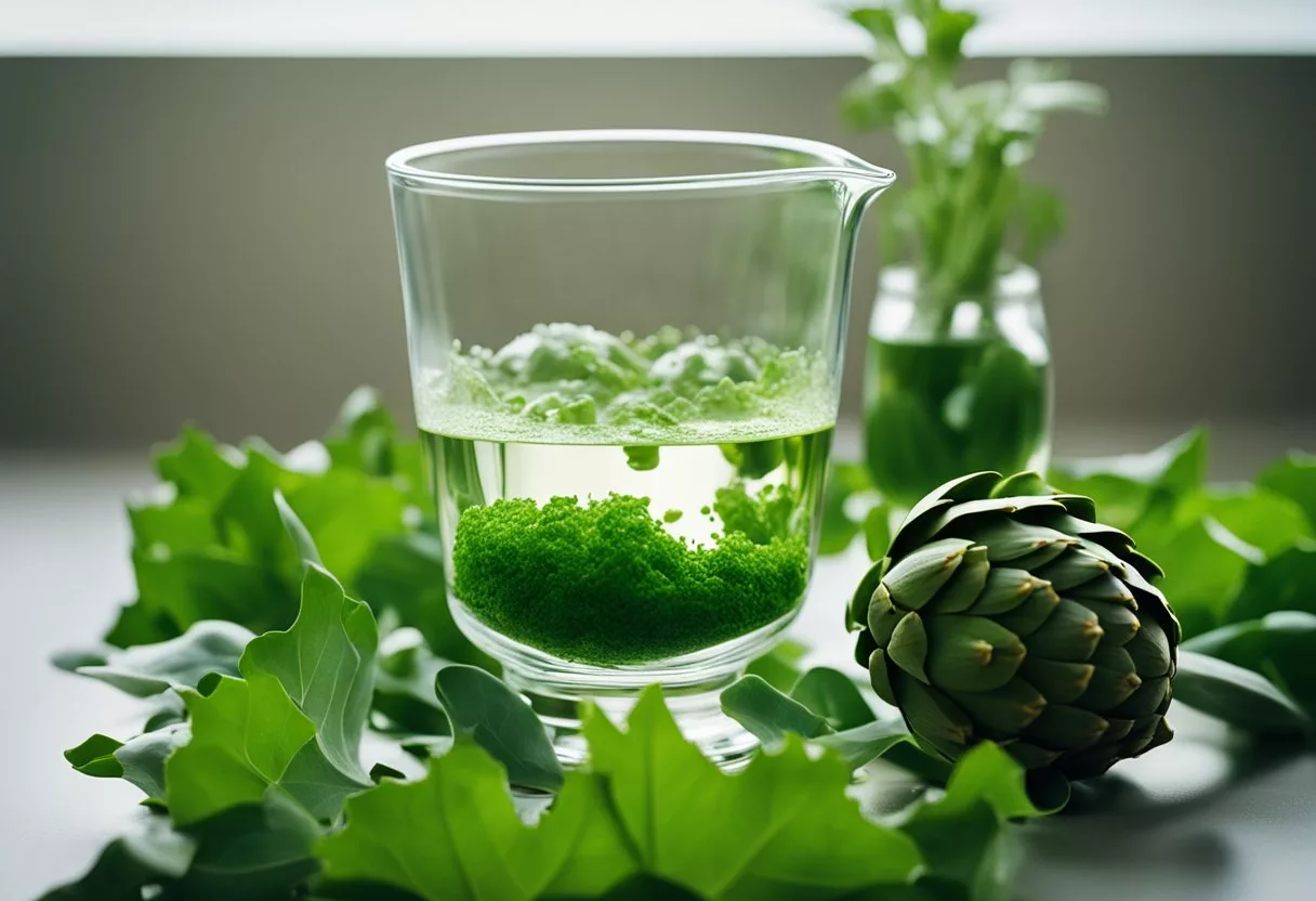 A clear glass beaker filled with green liquid, surrounded by fresh artichoke leaves and a mortar and pestle