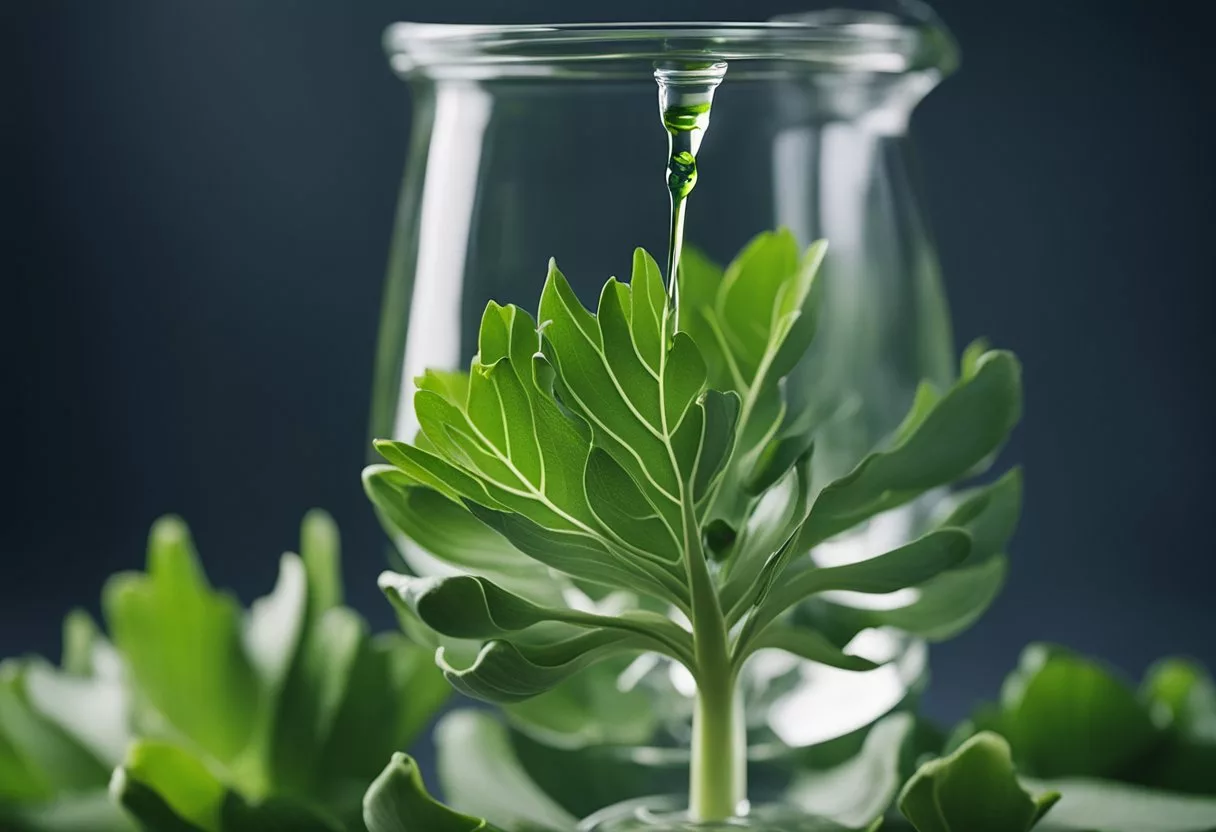 An artichoke leaf extract drips from a fresh, green leaf into a glass vial