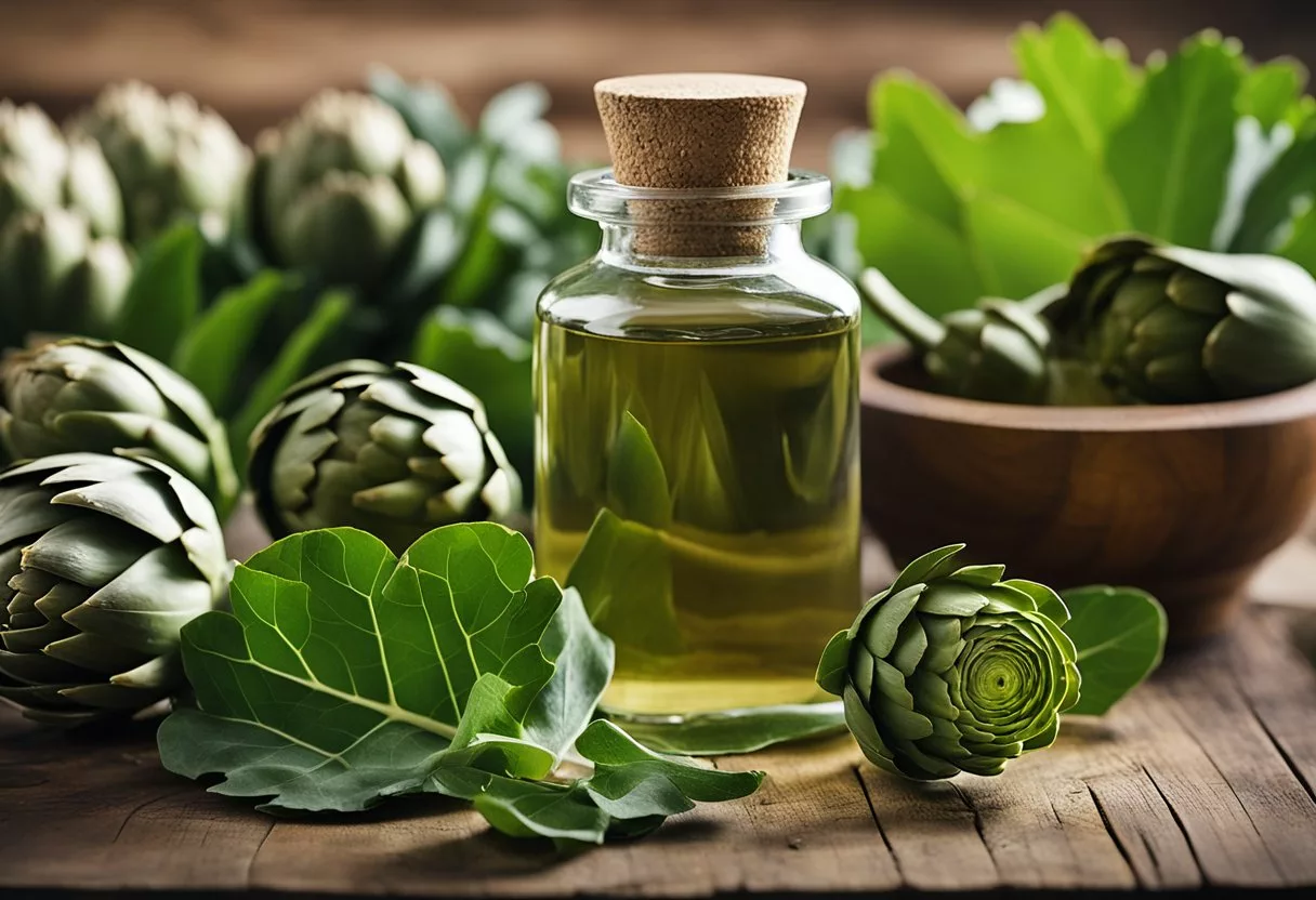 An artichoke leaf extract bottle sits on a wooden table, surrounded by fresh artichoke leaves and a mortar and pestle