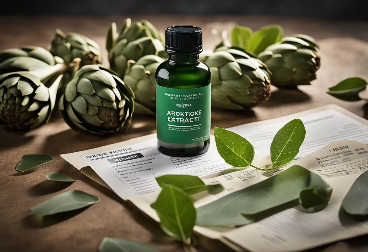 A single artichoke leaf extract bottle surrounded by a pile of frequently asked questions papers