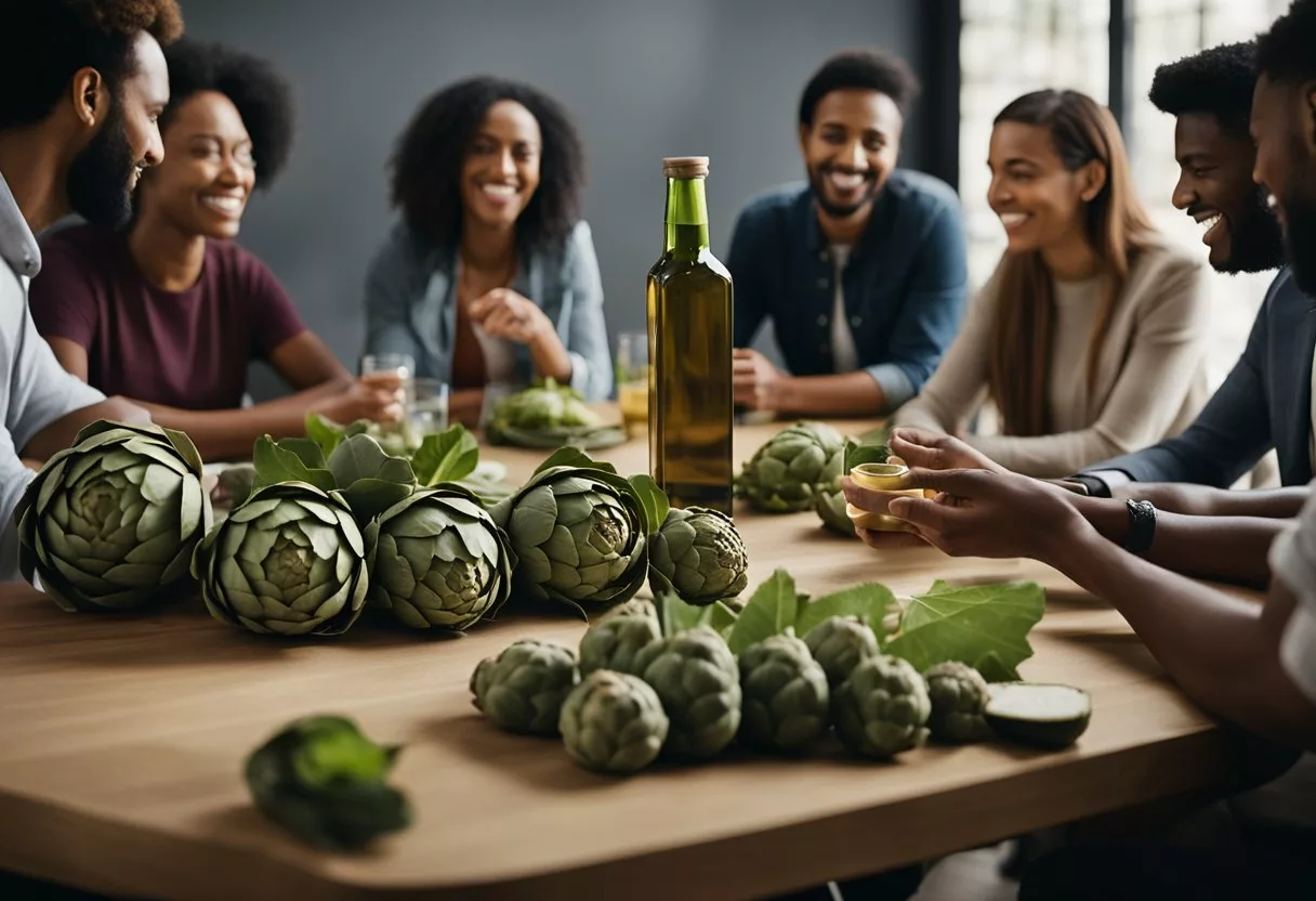 A group of diverse individuals gather around a table, each holding a bottle of artichoke leaf extract. They are engaged in conversation, sharing their experiences and insights about the product