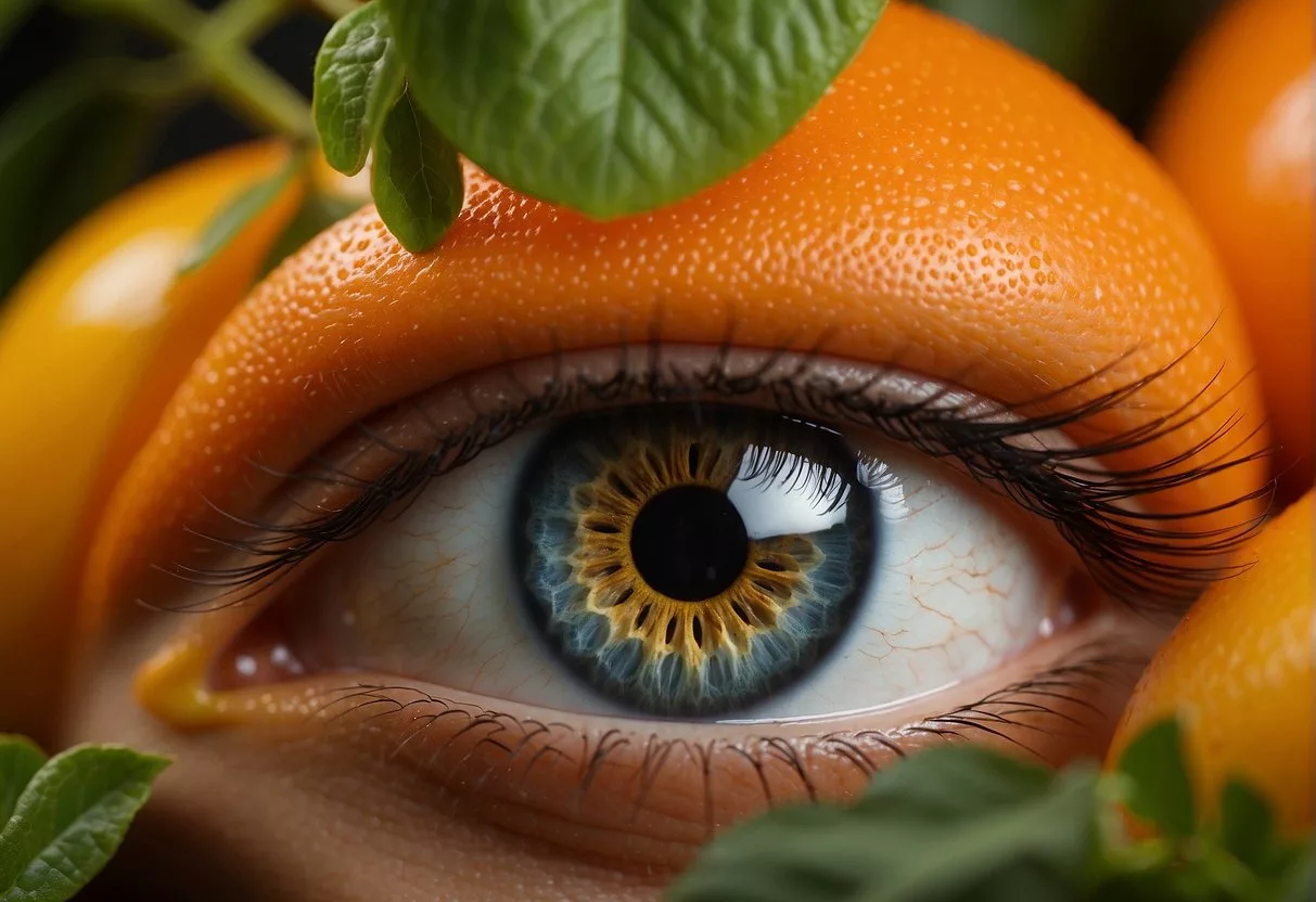 Zeaxanthin protects eyes. A pair of eyes surrounded by vibrant, colorful fruits and vegetables, symbolizing the benefits of zeaxanthin for eye health