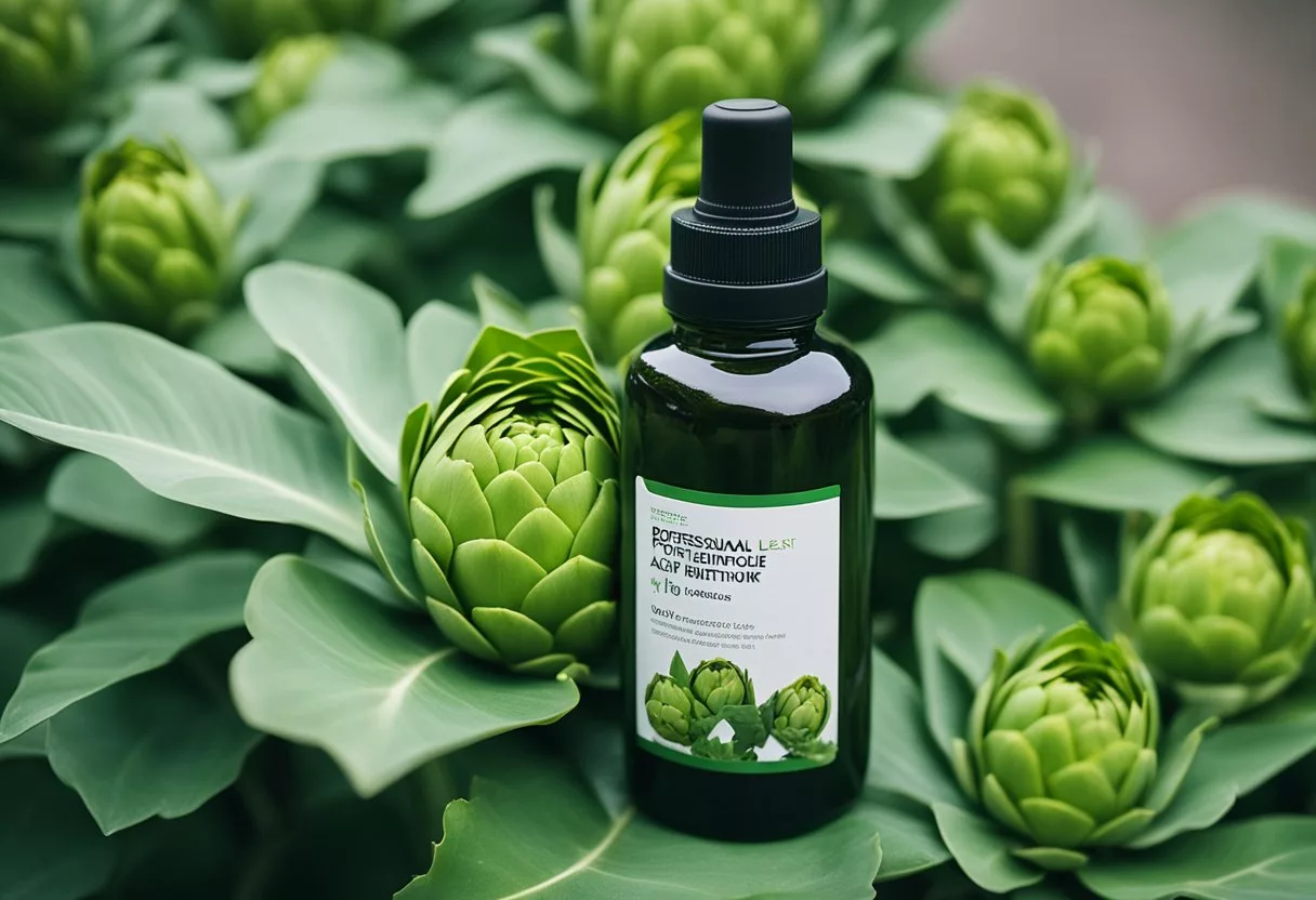 An artichoke leaf extract bottle surrounded by vibrant green leaves and a backdrop of a healthy, thriving artichoke plant