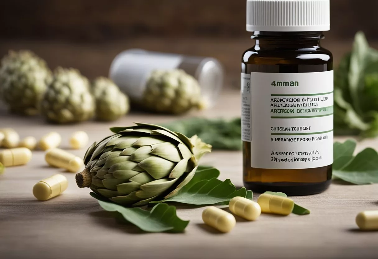 A bottle of artichoke leaf extract sits on a table, surrounded by scattered pills and a warning label. A person looks unwell in the background