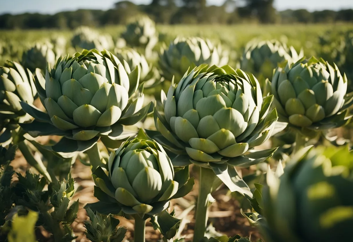 Vibrant artichoke plants sway in a sun-drenched field, surrounded by diverse flora and fauna. The leaves are being harvested, with the extract being carefully processed nearby