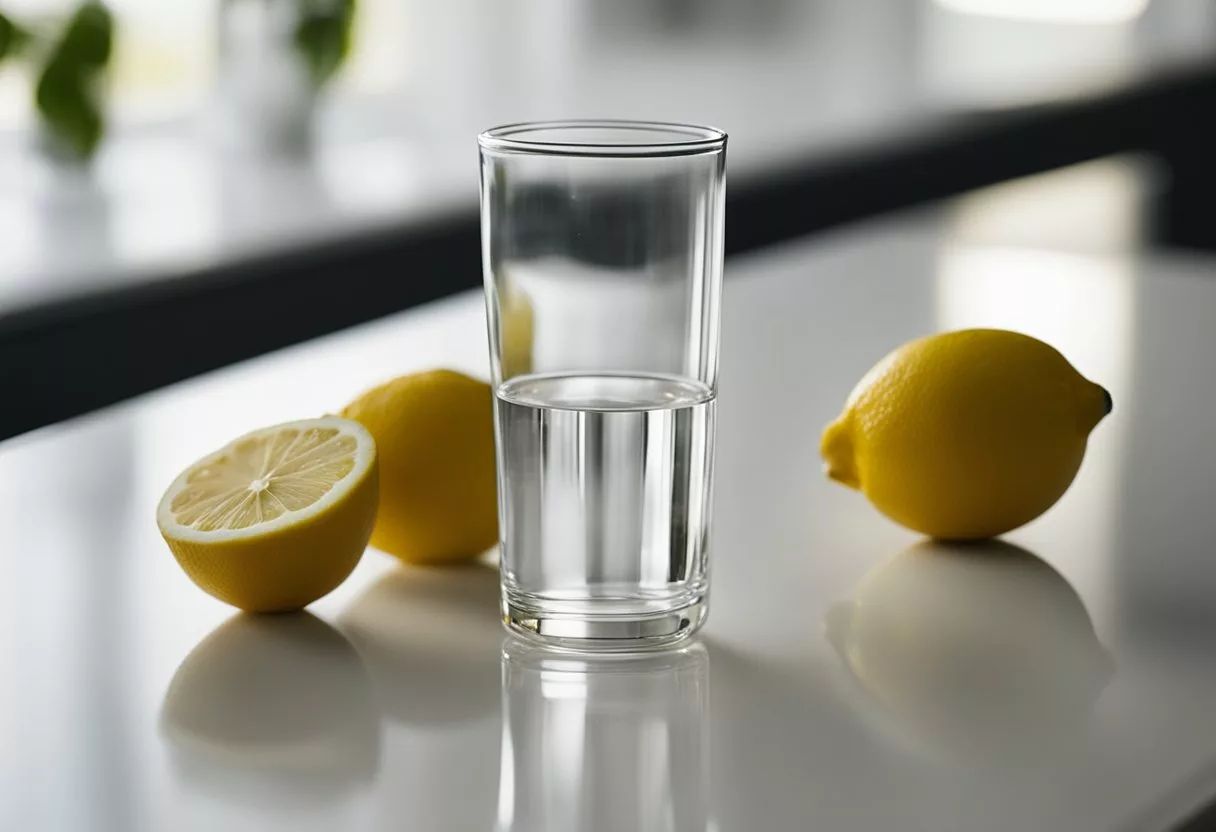 A clear glass of water with a lemon slice and a bottle of N-acetyl cysteine supplement on a clean, white table