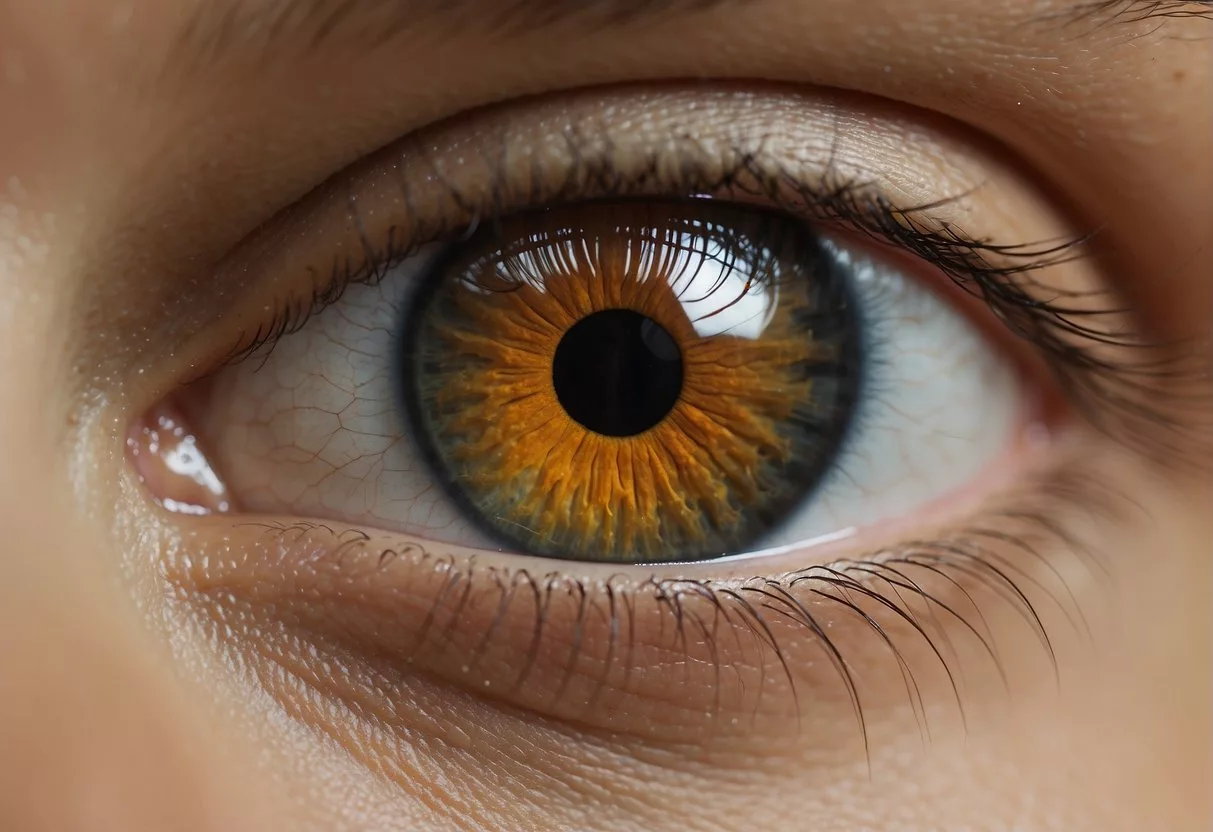 Zeaxanthin benefits eye health. Show a bright, colorful eye with a protective shield of zeaxanthin surrounding it
