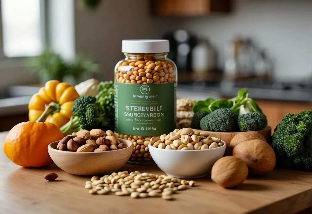 A kitchen counter with a variety of plant-based foods such as nuts, seeds, fruits, and vegetables, alongside a bottle of plant sterols supplement