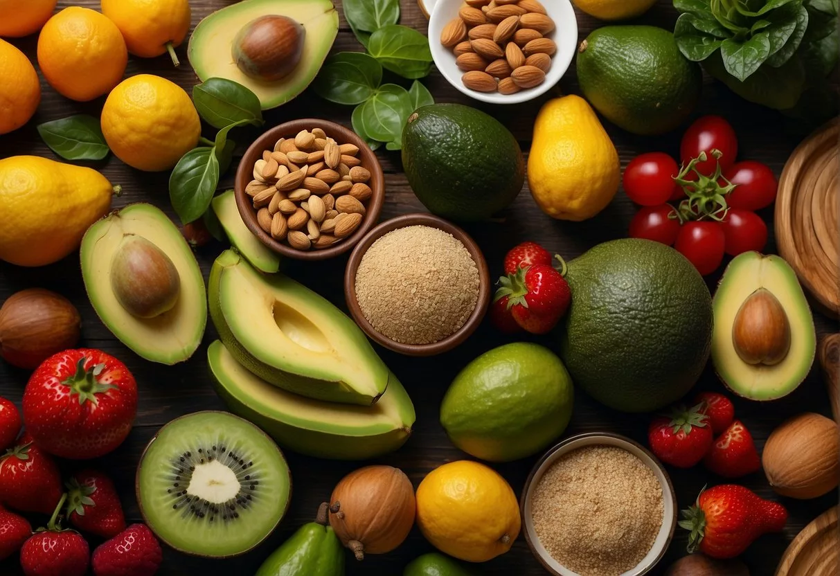A colorful array of fruits, vegetables, and nuts, with a prominent focus on plant sterol-rich foods like avocado, almonds, and whole grains