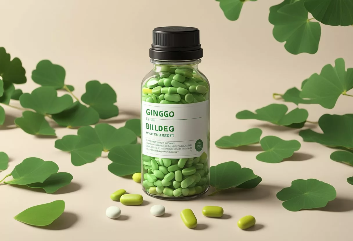 A bottle of ginkgo biloba pills surrounded by green leaves, with a label listing health benefits and a cautionary note about potential side effects