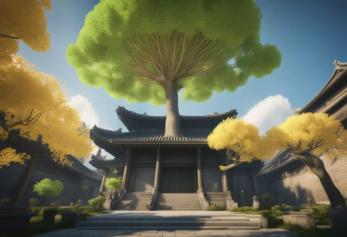 Ginkgo biloba tree stands tall, surrounded by ancient architecture. Its leaves symbolize health and longevity, representing centuries of traditional medicinal use
