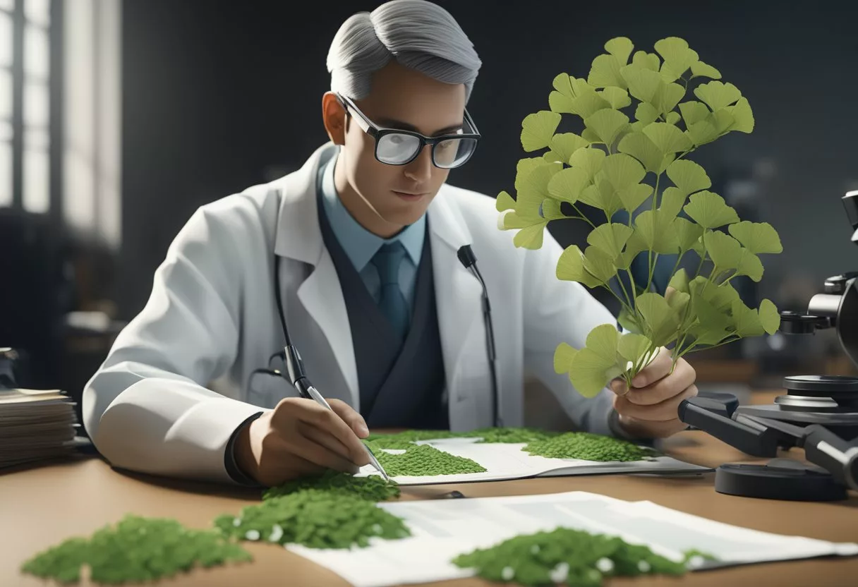 A scientist examines ginkgo biloba leaves under a microscope, while regulatory documents and research articles lay scattered on the desk