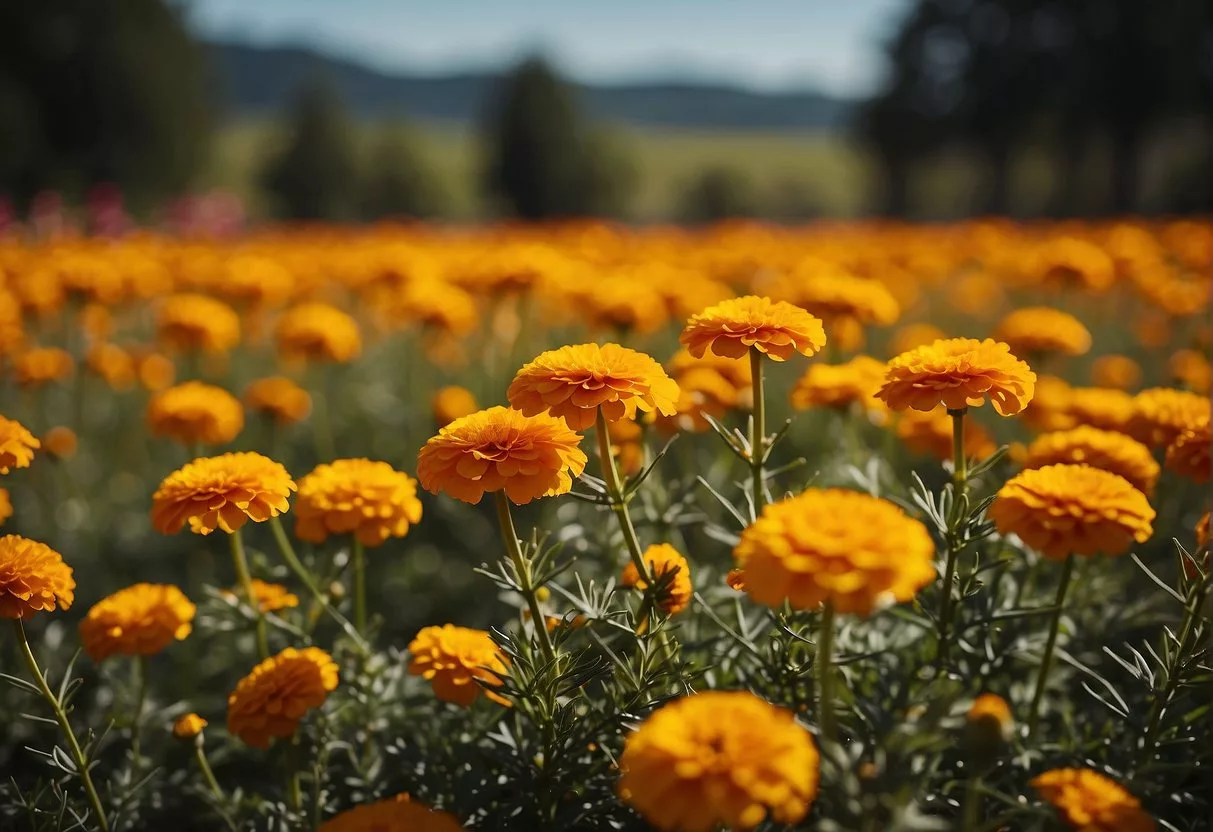 A vibrant field of marigold flowers, bursting with bright yellow and orange petals, symbolizing the presence of zeaxanthin, a potent antioxidant that supports eye health
