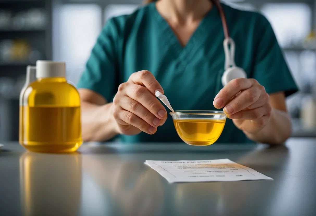 A pharmacist measures St. John's Wort into a dosage cup. The bottle sits on a counter next to a prescription pad and pen
