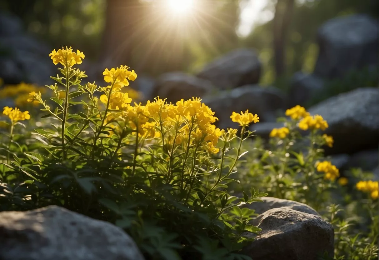 Sunlight filters through the dense forest, illuminating clusters of St. John’s Wort flowers. A medieval apothecary carefully gathers the delicate blooms, surrounded by ancient stone ruins