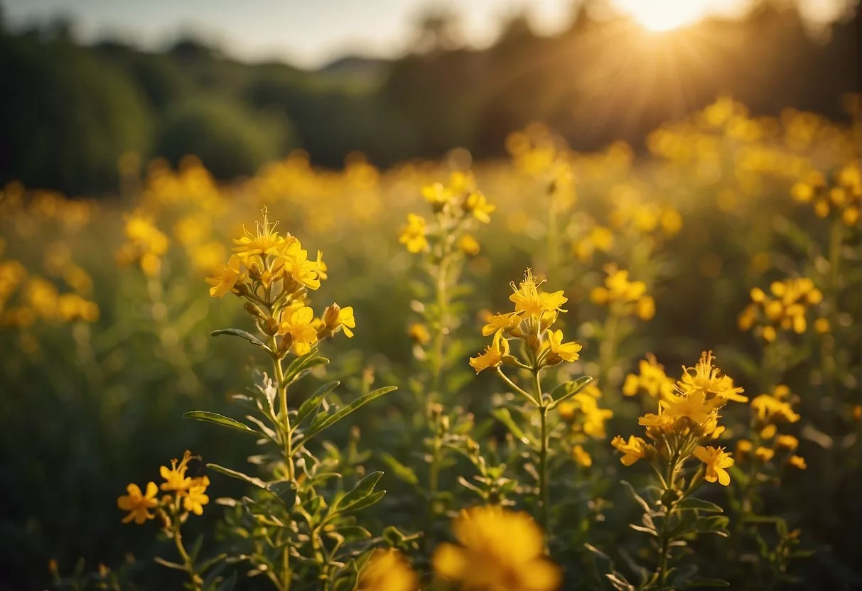 A field of St. John's Wort bathed in golden sunlight, with bees buzzing around the vibrant yellow flowers