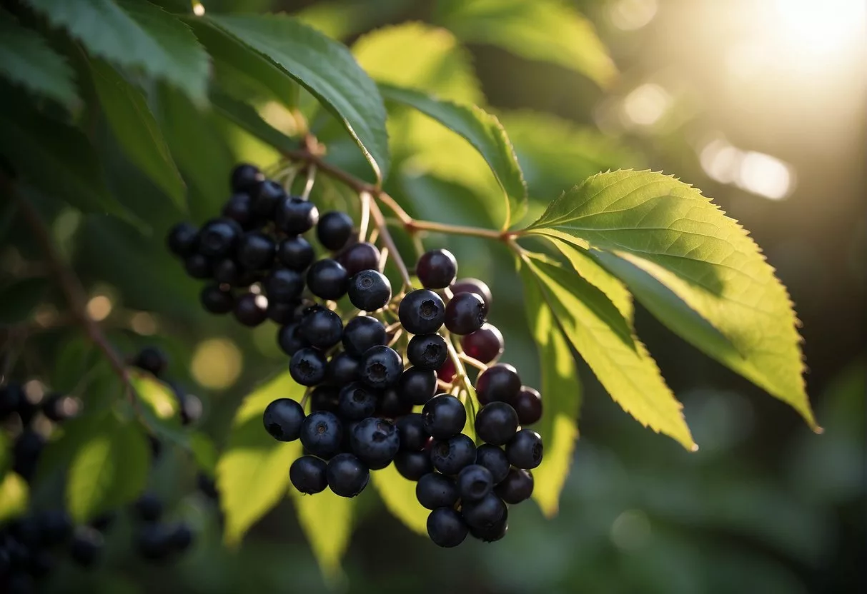 A cluster of elderberry branches with green leaves and dark purple berries, surrounded by a soft glow, evoking a sense of natural health and wellness