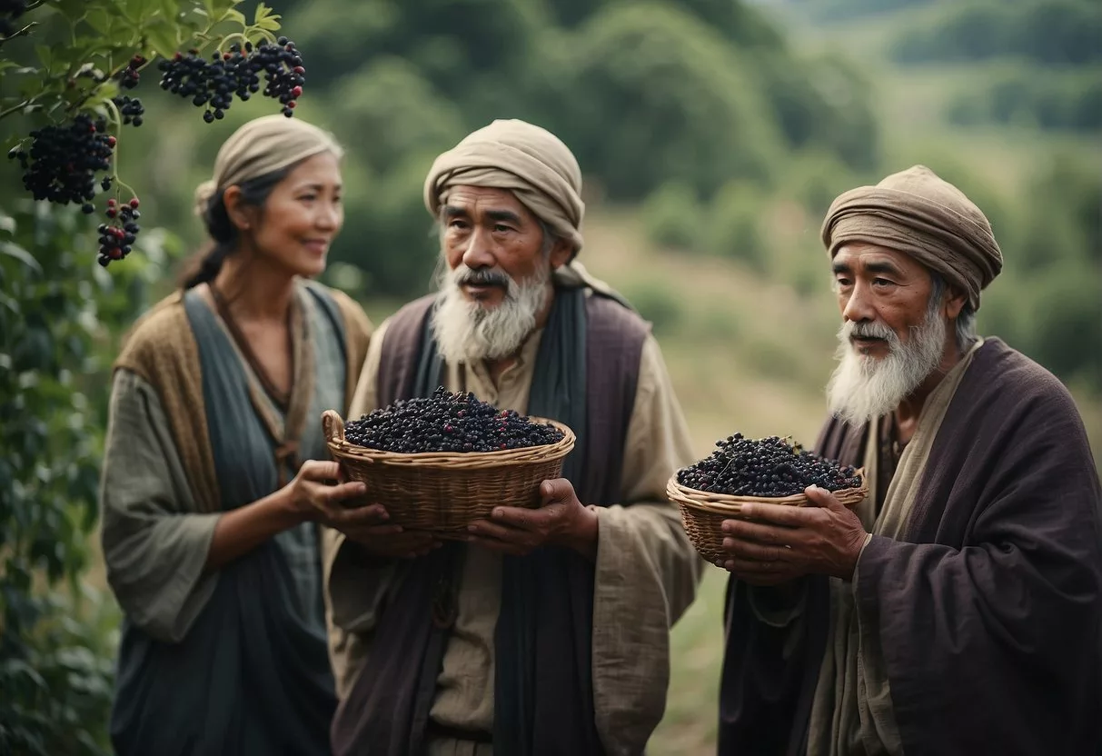 A group of people from ancient times are shown gathering and using elderberries for their health properties