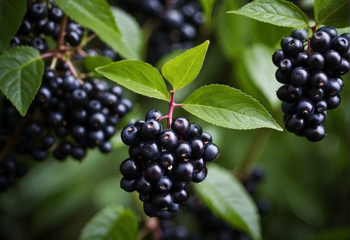 A vibrant elderberry bush stands tall, adorned with clusters of dark purple berries. Its leaves are lush and green, exuding a sense of vitality and health