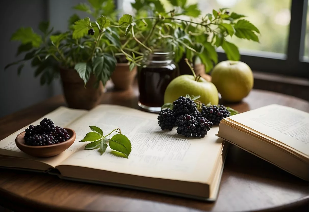 A table with elderberry plants, fruits, and scientific research papers