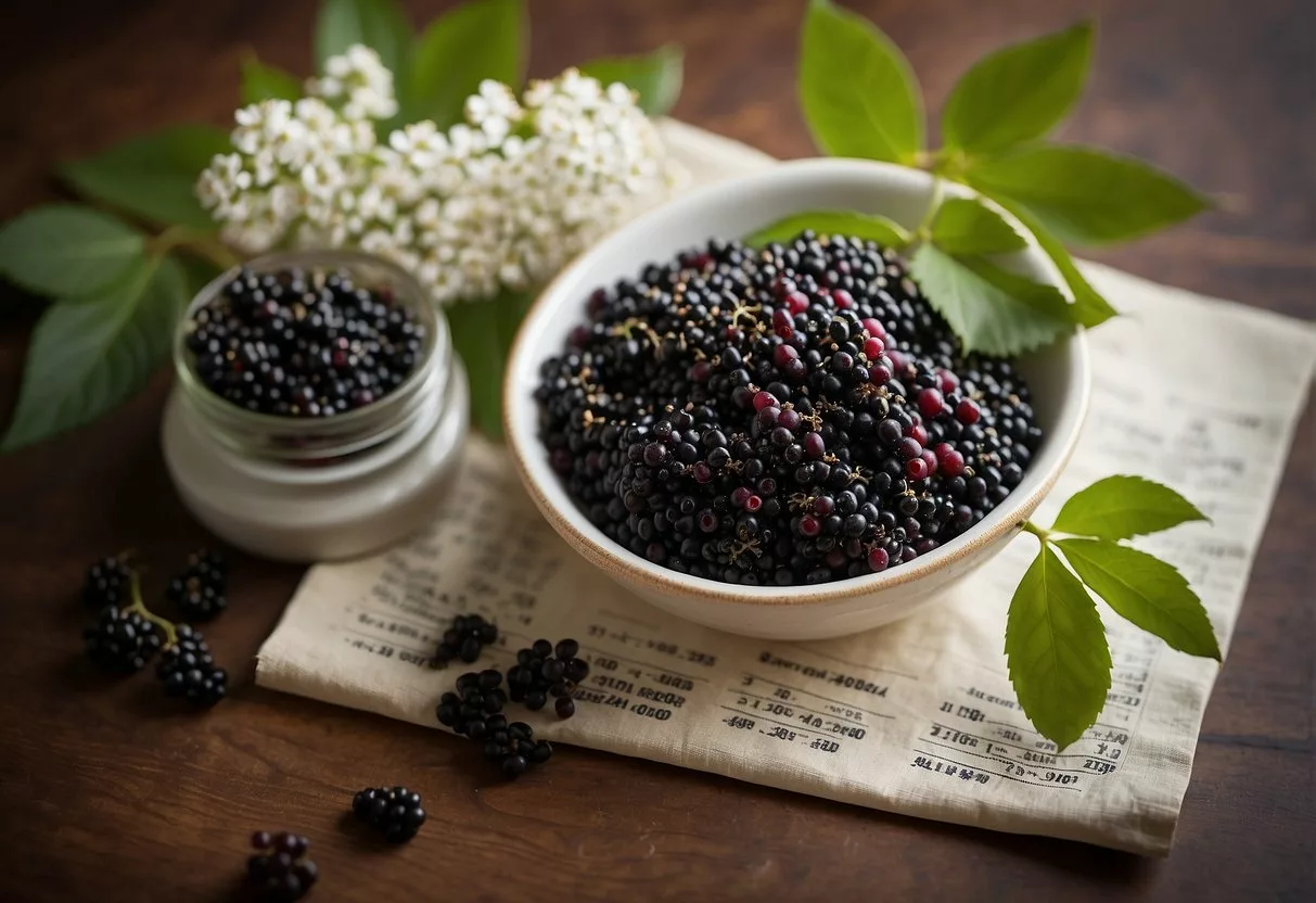 A pile of fresh elderberries, surrounded by leaves and flowers, with a nutritional chart showing its health benefits