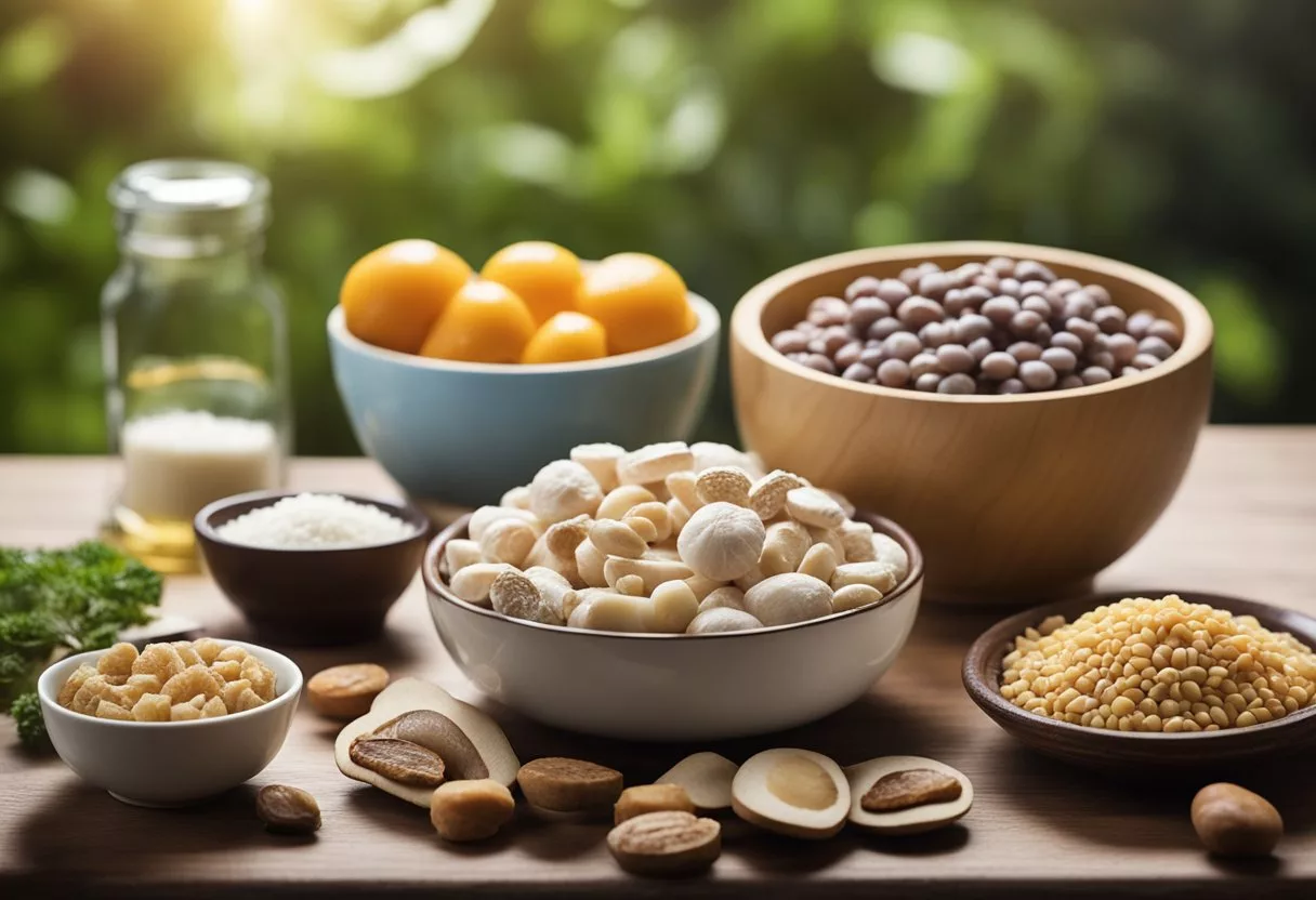 A table with various magnesium-rich foods and a brain with dementia cells