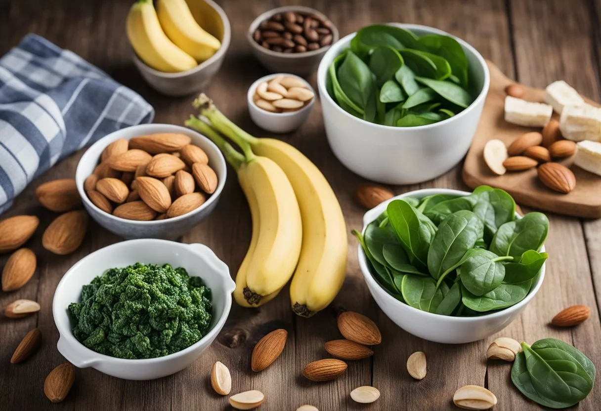 A table set with various magnesium-rich foods like spinach, almonds, and bananas, surrounded by scientific studies linking magnesium intake to reduced risk of dementia