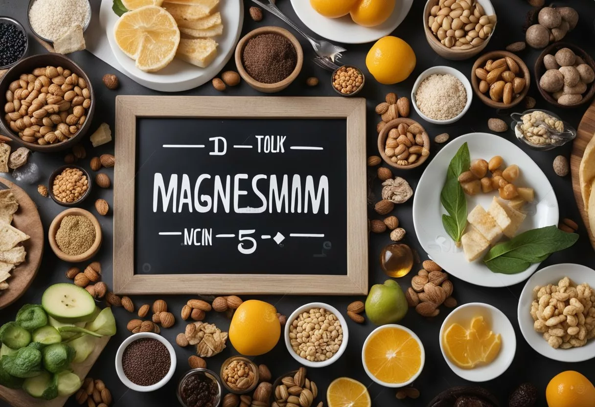 A table set with foods high in magnesium, surrounded by brain imagery and dementia-related symbols