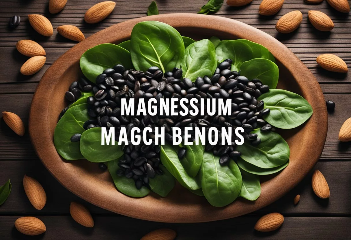 A table with spinach, almonds, and black beans. A sign reads "Magnesium-Rich Foods" with "Benefits for Dementia" below