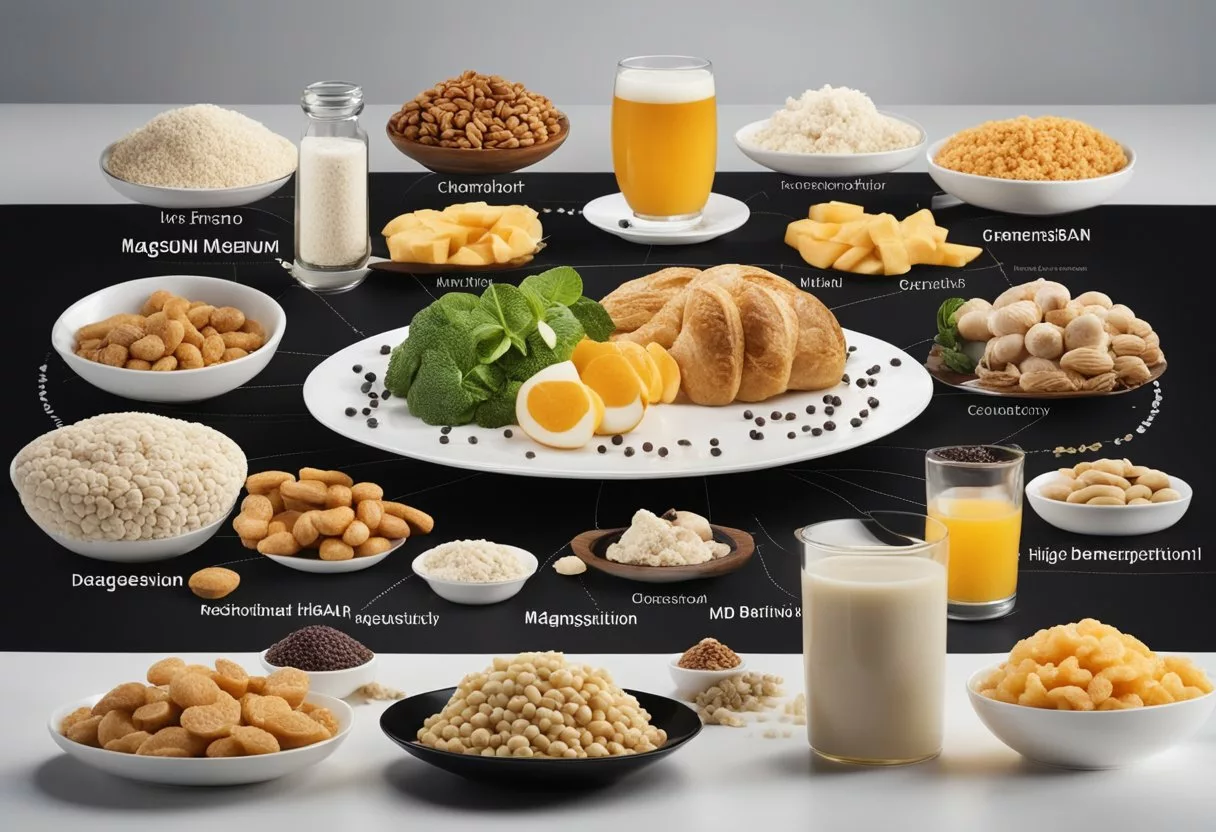A table with a variety of magnesium-rich foods, surrounded by images of healthy brain activity and a cloud of confusion representing dementia