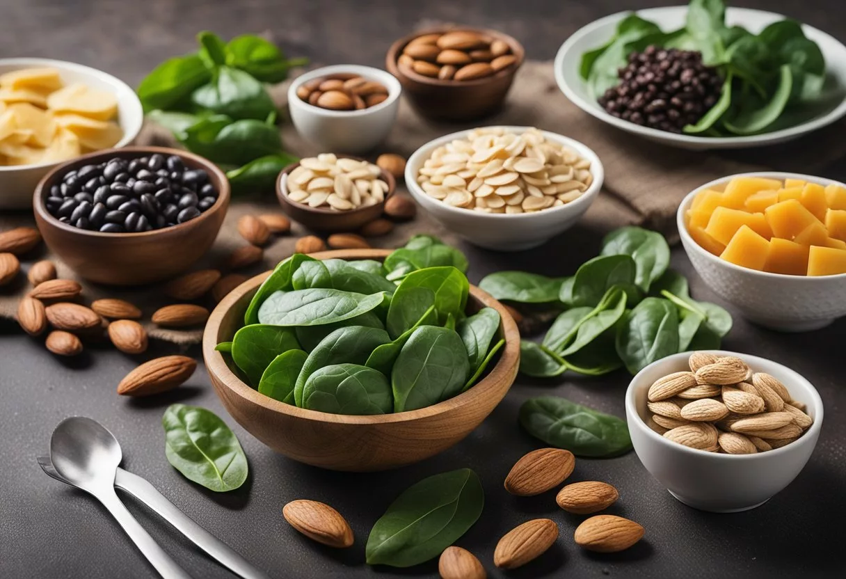 A table with an assortment of magnesium-rich foods such as spinach, almonds, and black beans, surrounded by brain-shaped illustrations and a sign reading "Dementia Risk Reduction."