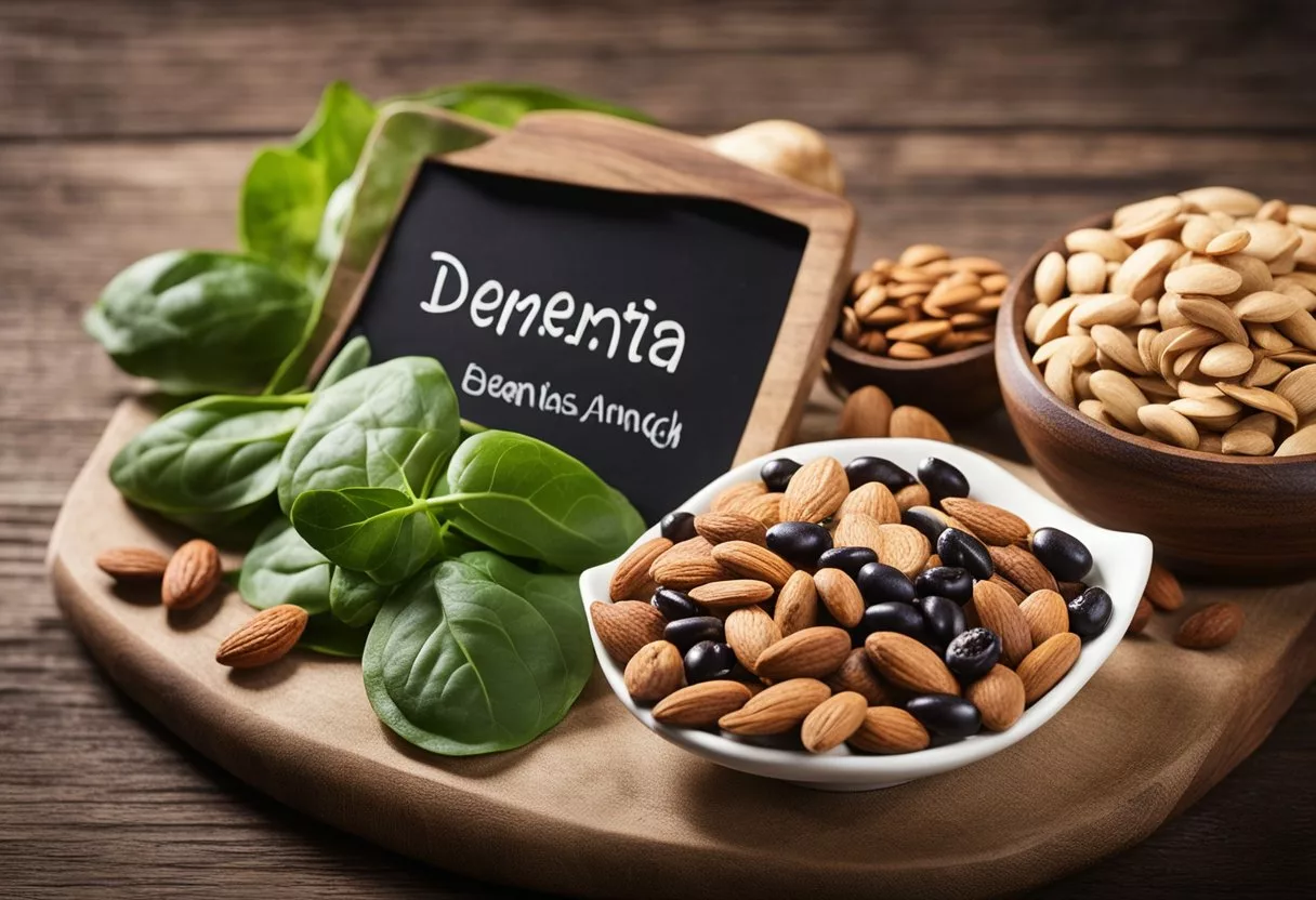 A table with various magnesium-rich foods such as spinach, almonds, and black beans. A brain with the word "dementia" and arrows pointing to the foods