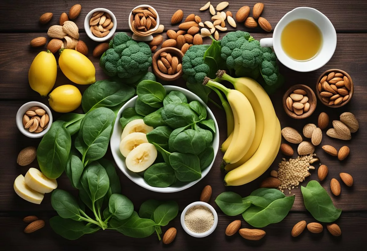 A table with various magnesium-rich foods like spinach, almonds, and bananas, alongside a brain illustration to depict the link between magnesium intake and dementia prevention