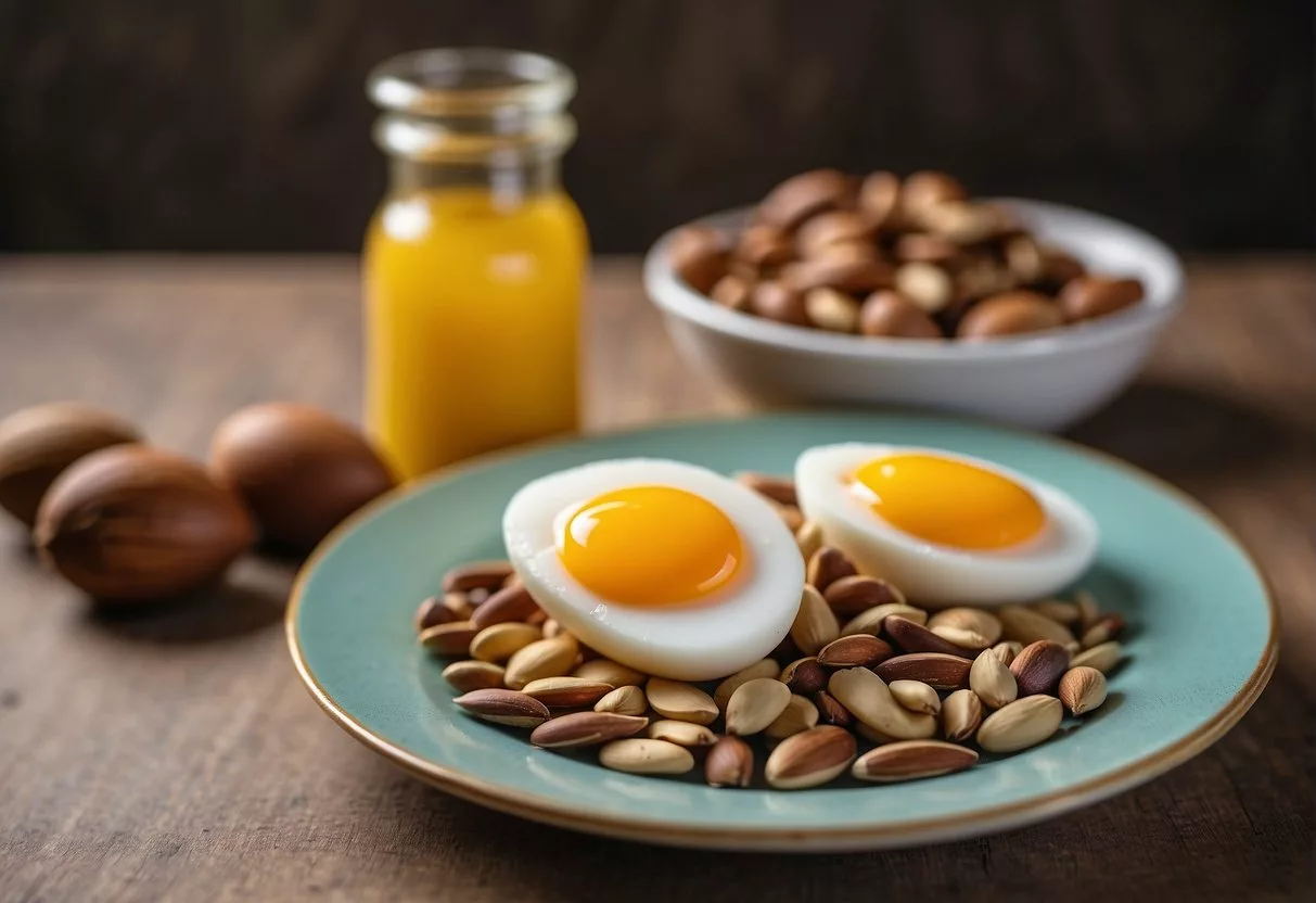 A colorful plate with selenium-rich foods: Brazil nuts, sunflower seeds, eggs, and fish. A bottle of selenium supplement nearby
