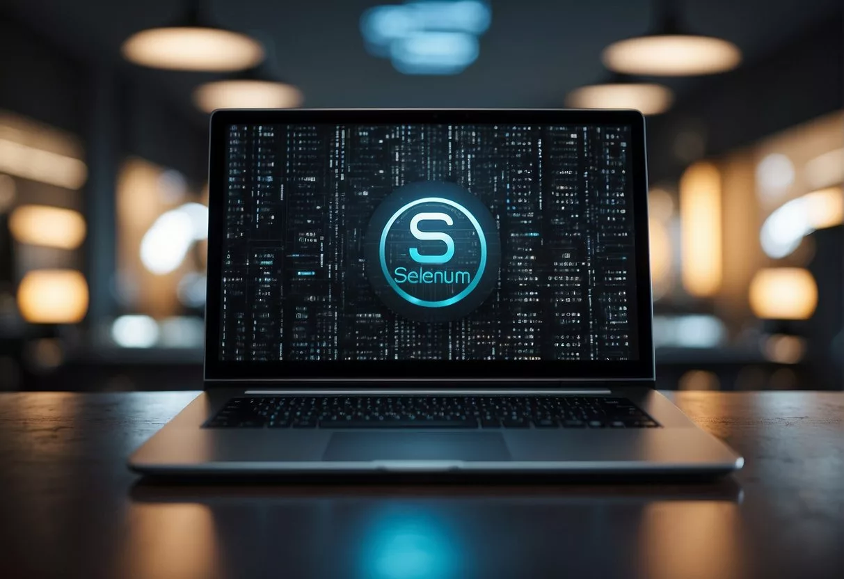 Selenium logo shining on a computer screen with code and web elements in the background