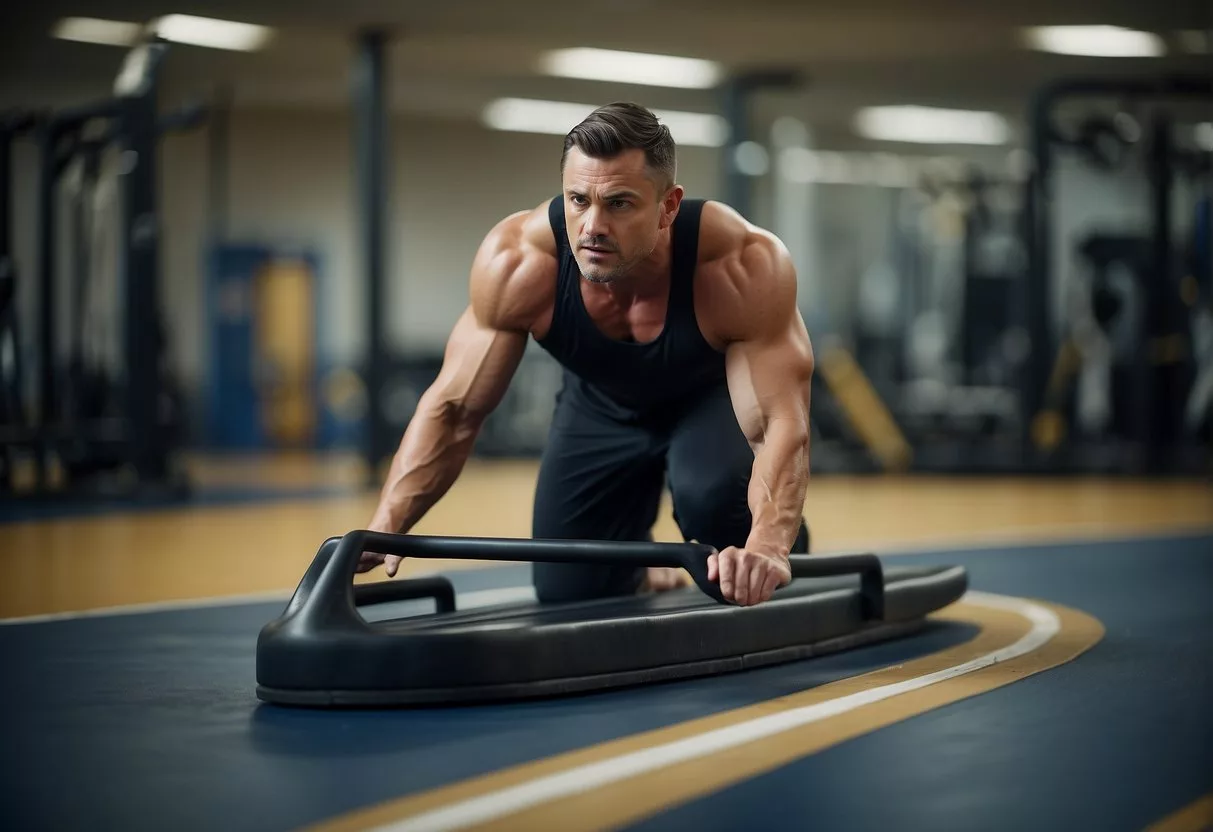 A figure pushes a sled across a gym floor, muscles straining with effort. The sled glides smoothly, leaving behind a trail of sweat and determination