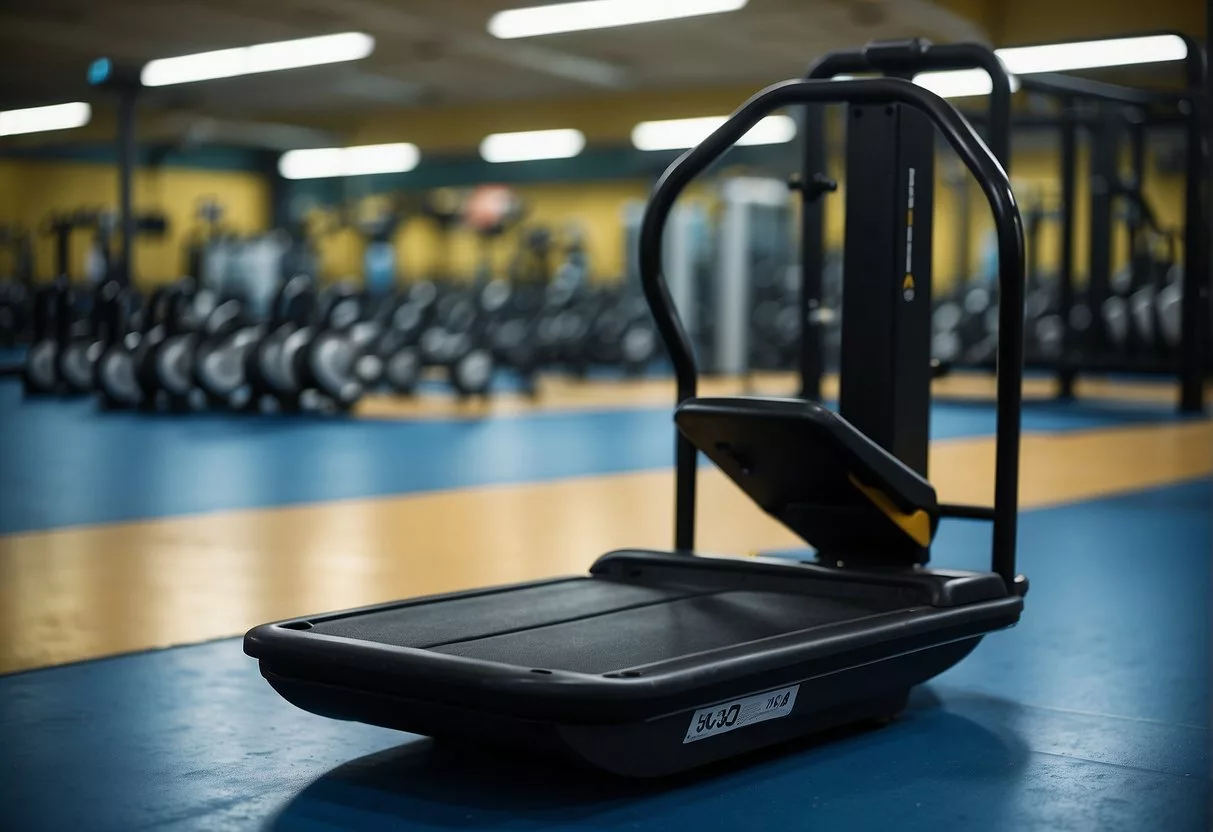 A sled loaded with weights is being pushed across a gym floor, with a person's footprints visible behind it