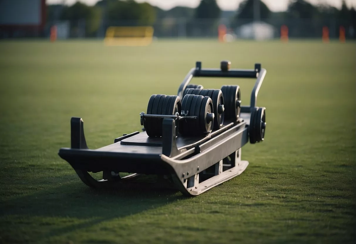 A sled loaded with weights is being pushed across a turf field in a controlled and powerful manner