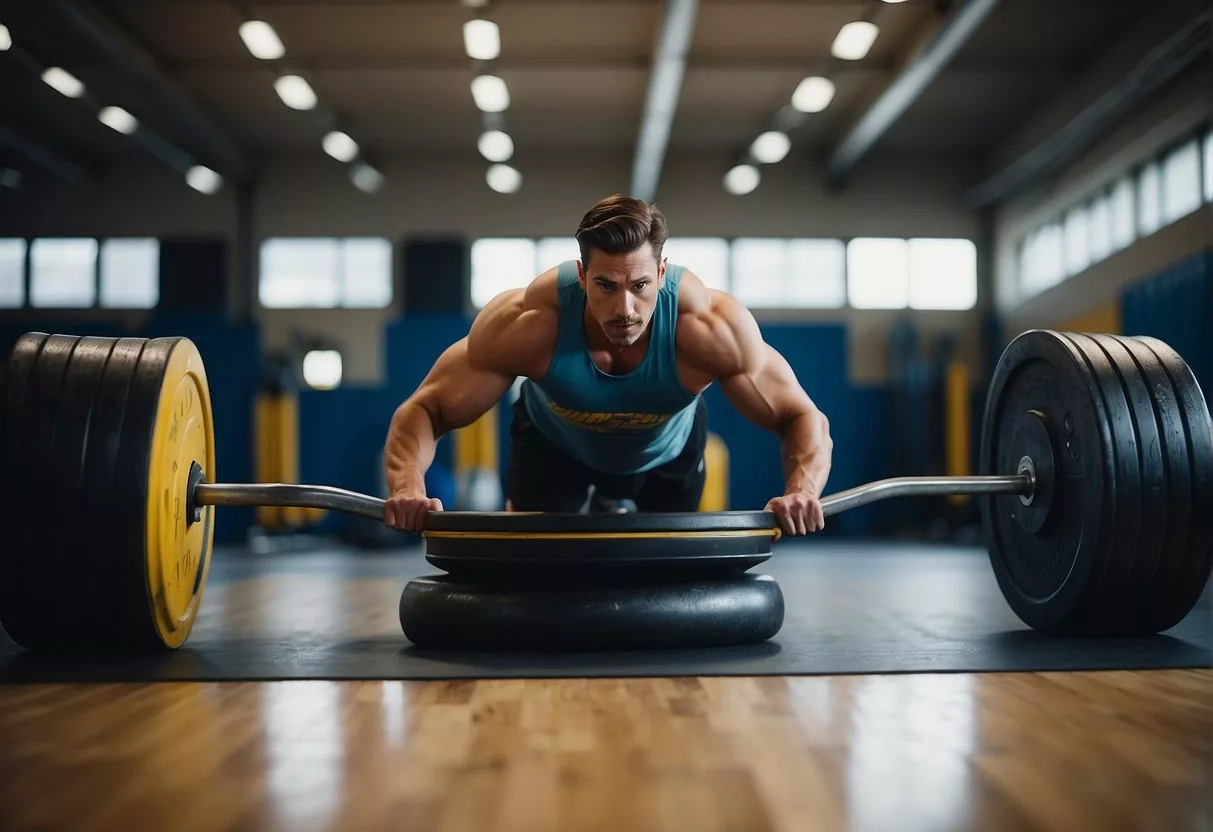 A sled loaded with weights is being pushed across a gym floor, creating resistance as it moves. The athlete pushes with force and determination, showing signs of physical exertion