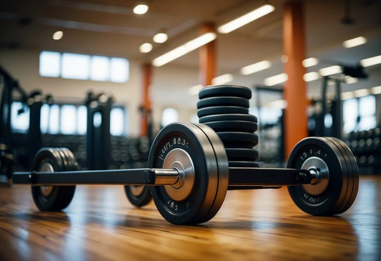 A sled loaded with weights being pushed across a gym floor