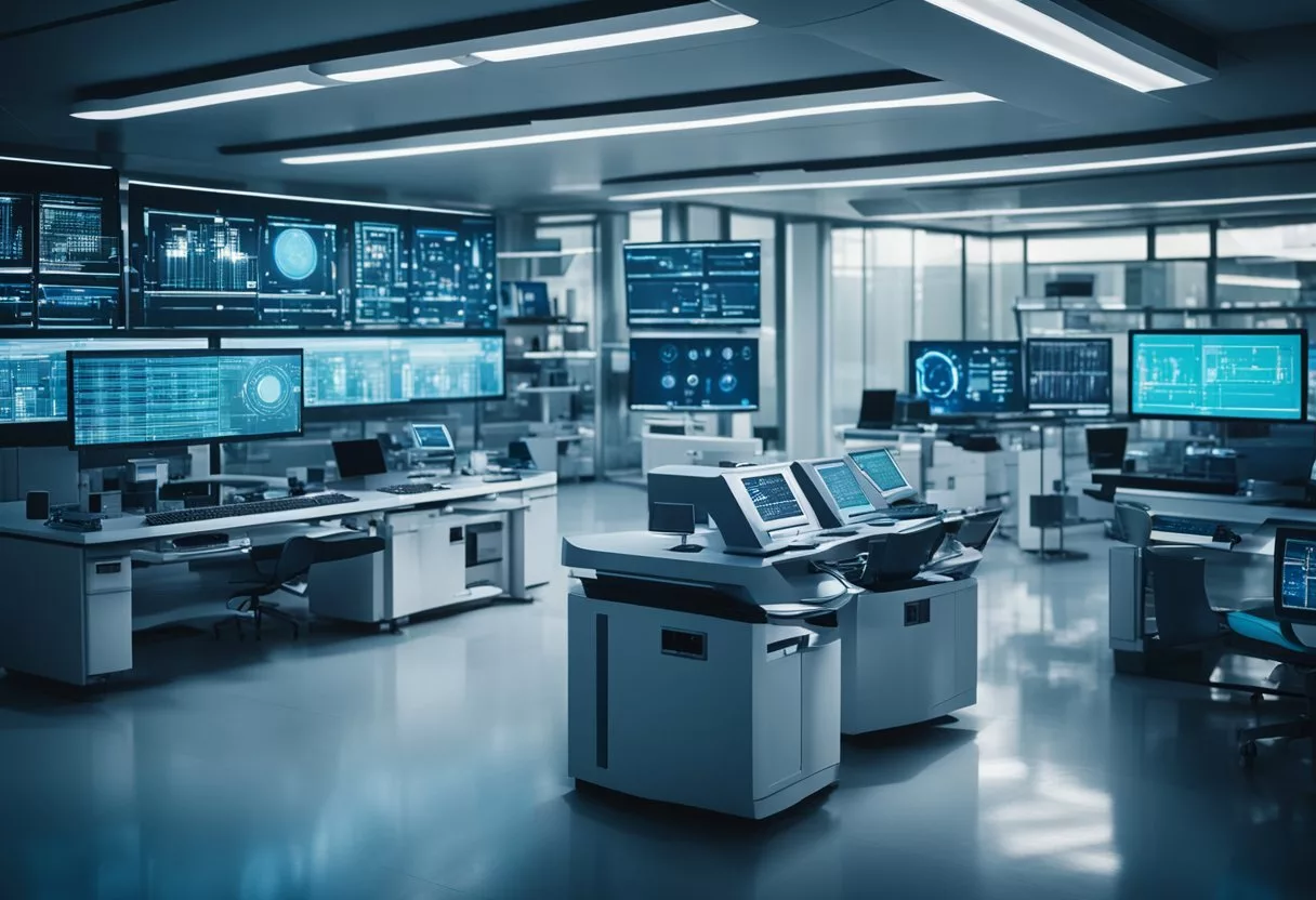 A futuristic laboratory with glowing biotech equipment and computer screens displaying genetic sequences and biohacking algorithms