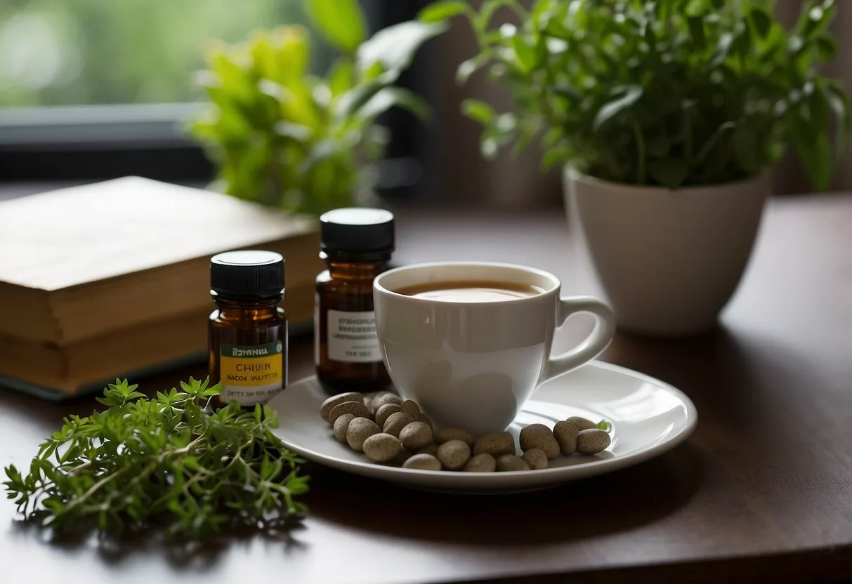 A table with various nootropic supplements and herbs, a book on brain health, and a cup of coffee