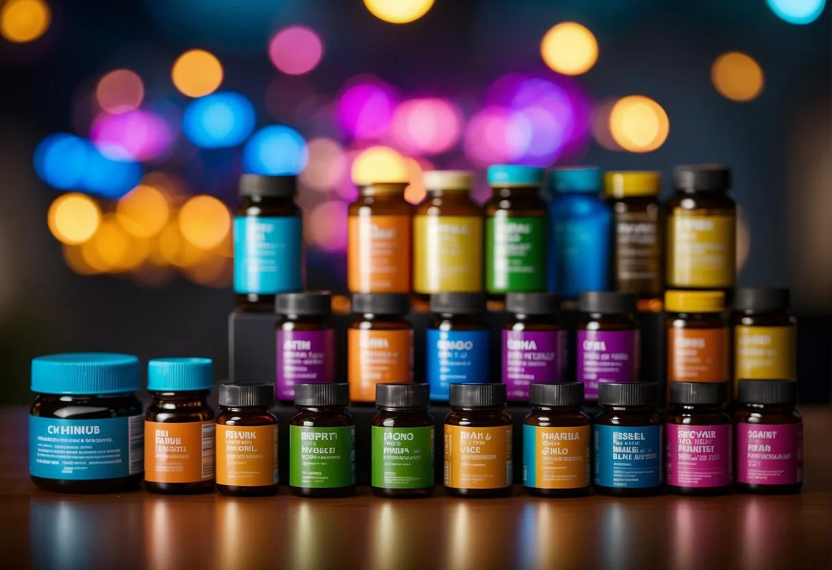 A table with various nootropic supplements neatly arranged in colorful packaging. A spotlight shines on the top-selling products