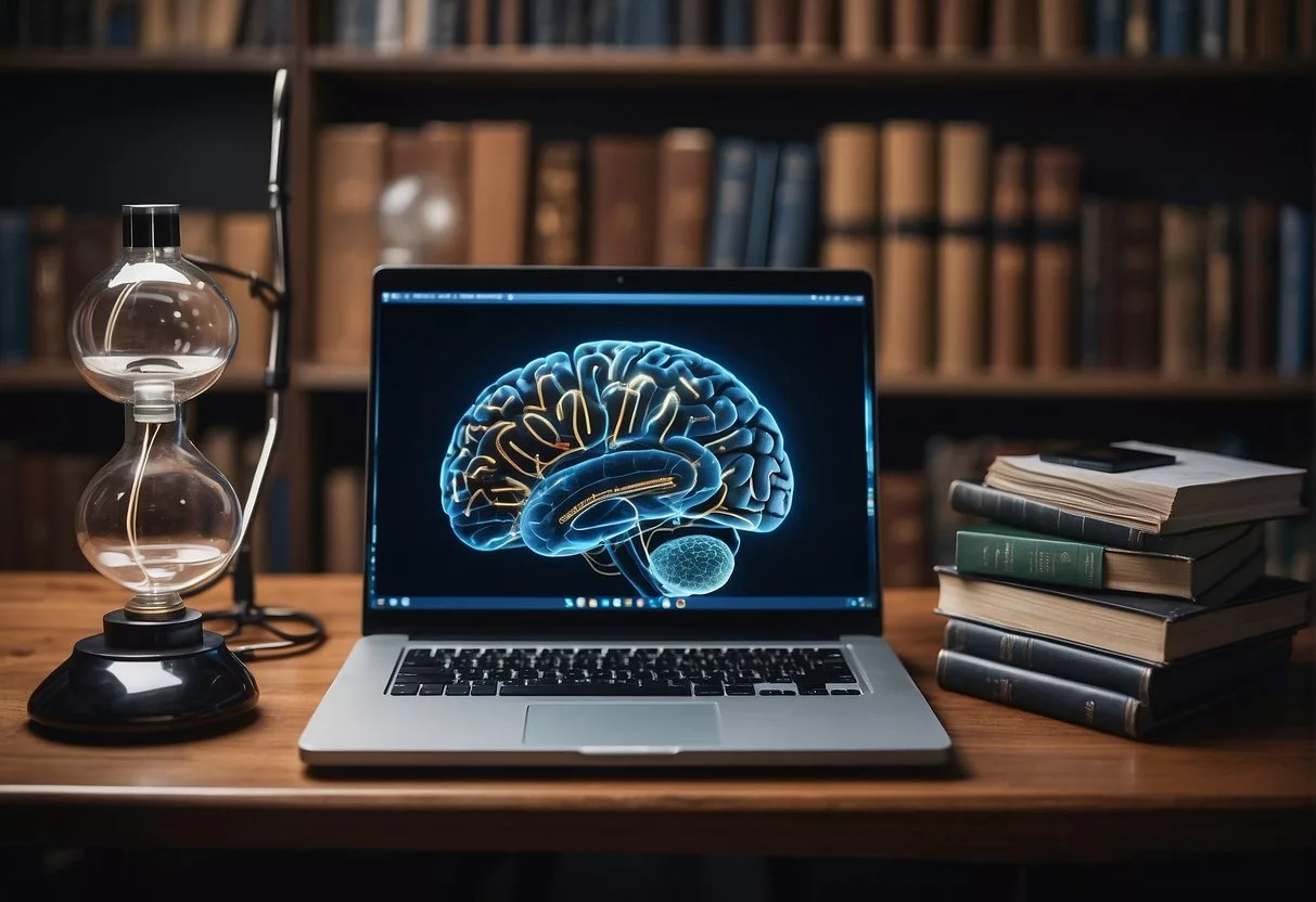 A stack of books and a computer displaying brain images, surrounded by test tubes and scientific equipment