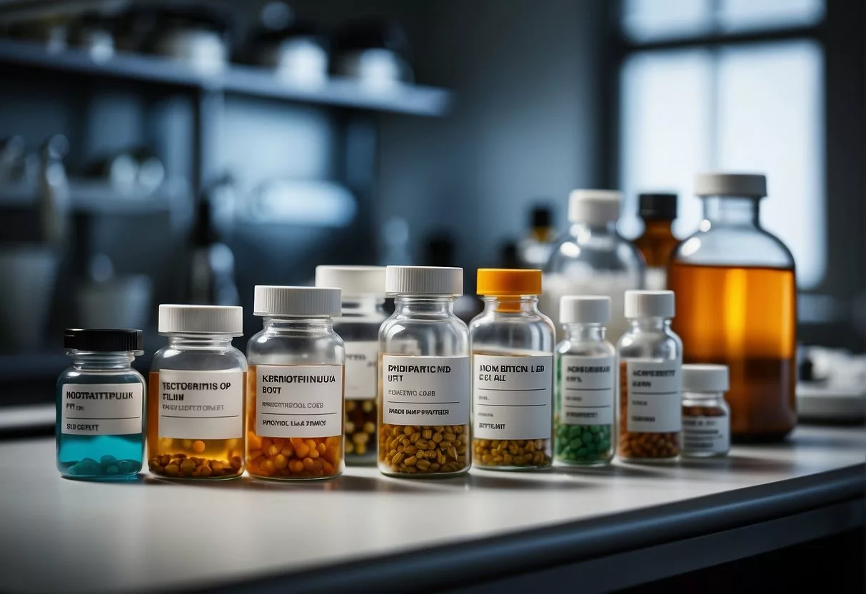 A lab bench with various labeled containers of nootropics and scientific equipment for specific purposes