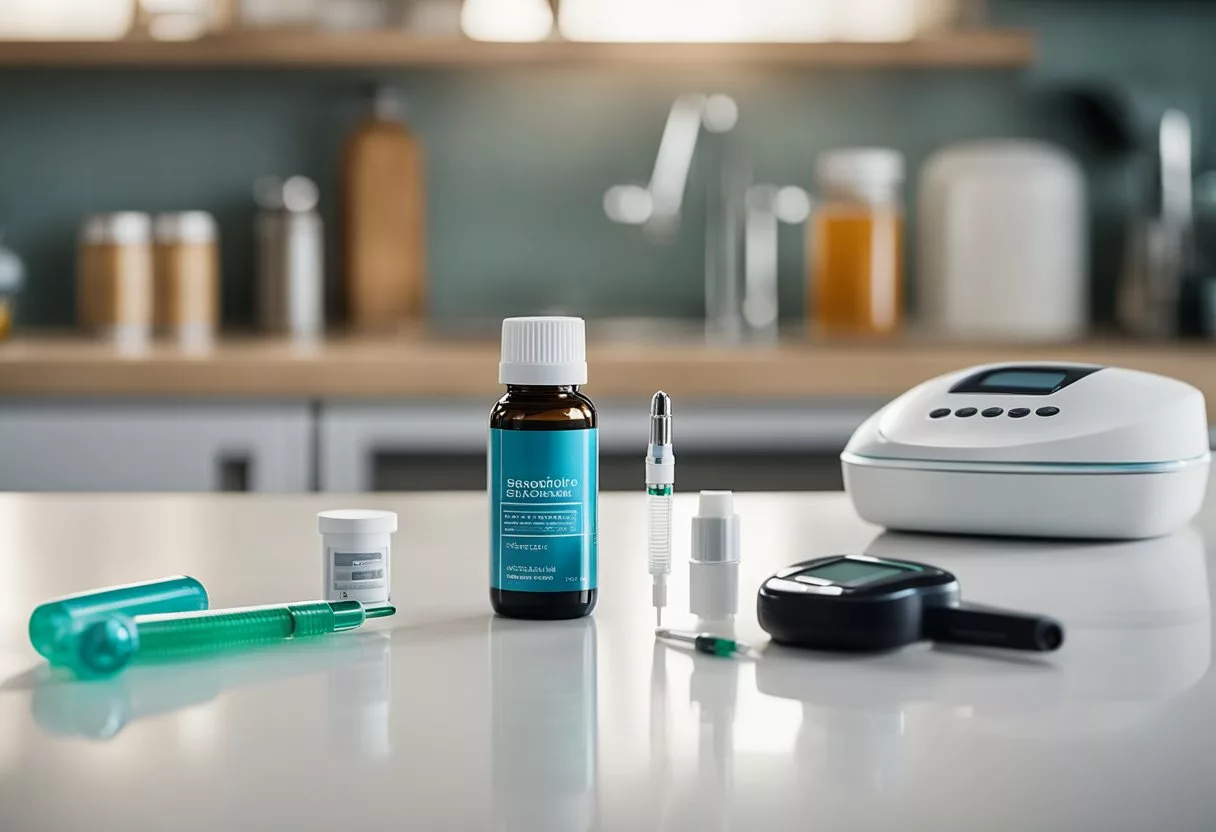 A probiotic supplement bottle sits alongside a glucometer and insulin pen on a clean, organized countertop in a modern kitchen